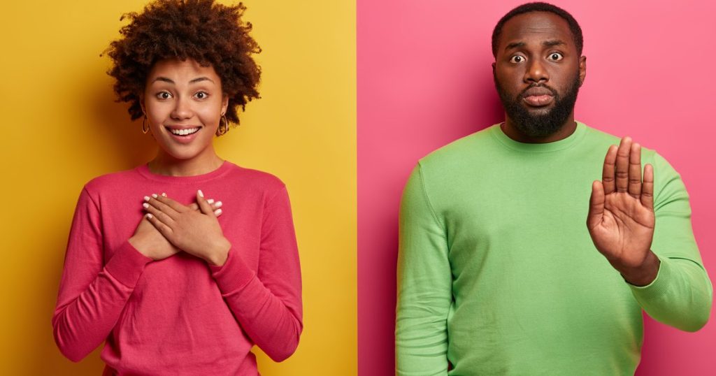 A calm face beside a raised hand gesture, face reading vs body language